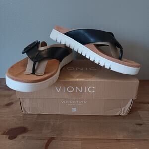 Vionic Uptown Marin Women's Toe Post Sandals Black Leather 8.5 W NW Damaged Box